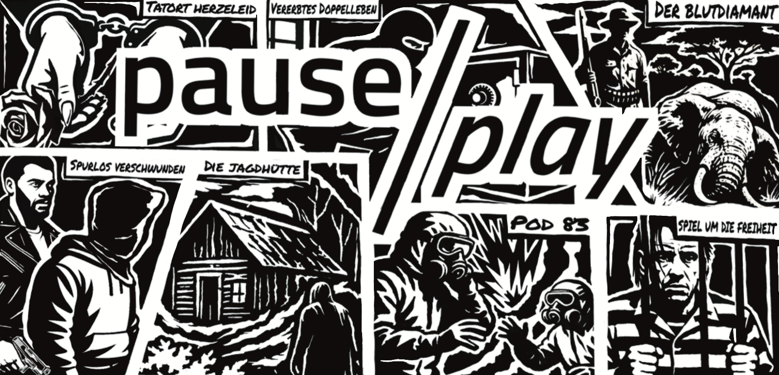 pause / play logo across an illustrated wall of escape room scenes